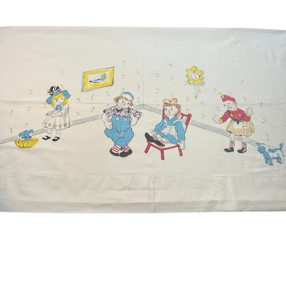 Vintage 1968 Raggedy Ann Andy Twin Flat Sheet White Cotton Blend Cottagecore